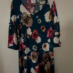 Elegant Floral V-Neck Dress in Teal and Pink